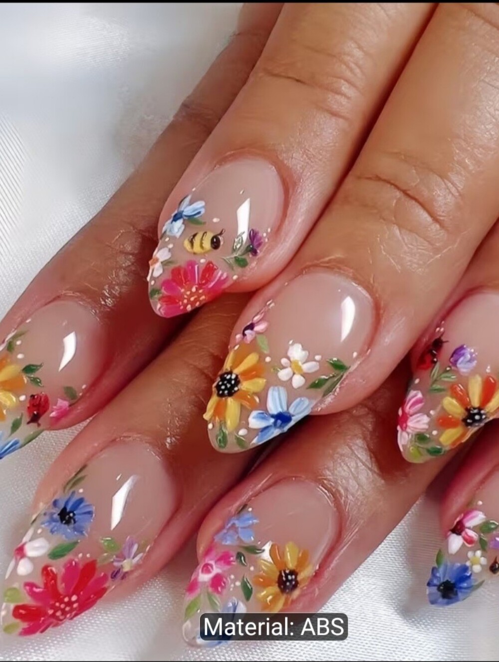 24Pcs Flower Press On Nails Medium Almond Fake Nails Spring Nails Press Ons With